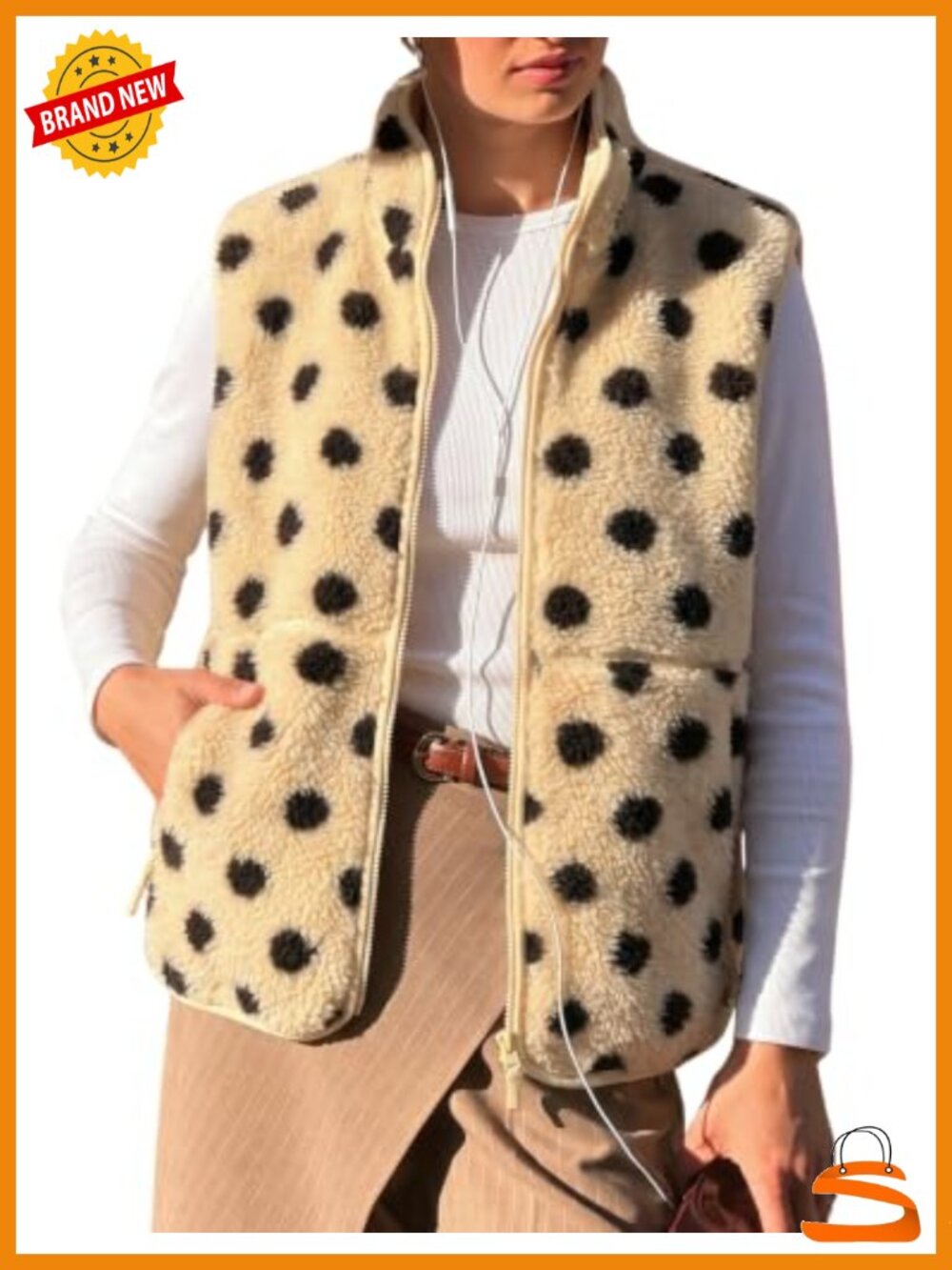 Sherpa Fleece Polka Dot Zip Up Vest with Pockets